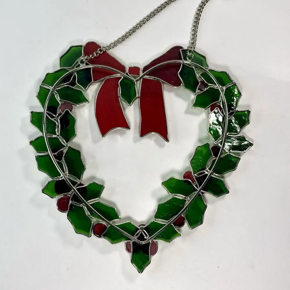 Stained Glass Christmas Holly Berry Wreath w Bow 9” Hanging Window Suncatcher